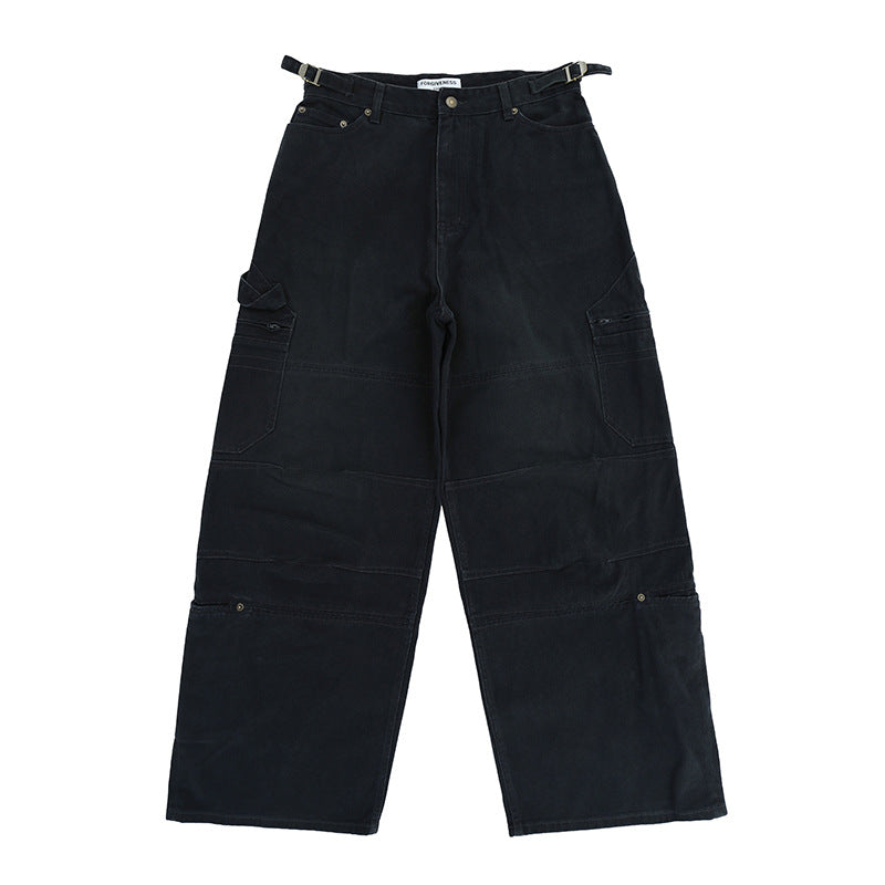 Men's Loose Fit Wide Leg Washed Multi-Pocket Casual Workwear Jeans