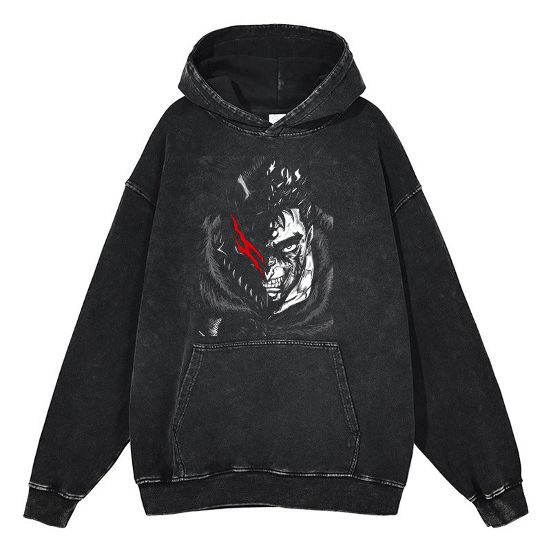 American retro washed hoodie for men and women, hip-hop sword style legendary dark print hoodie vintage hoodie