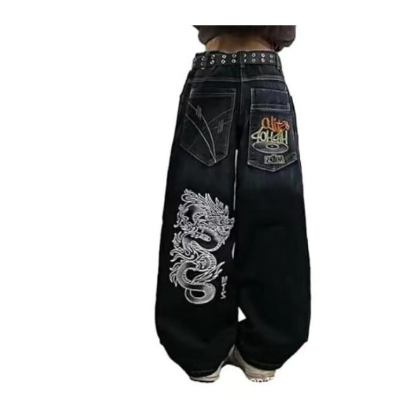 Men's And Women's Fashion Loose Skull Printed Jeans