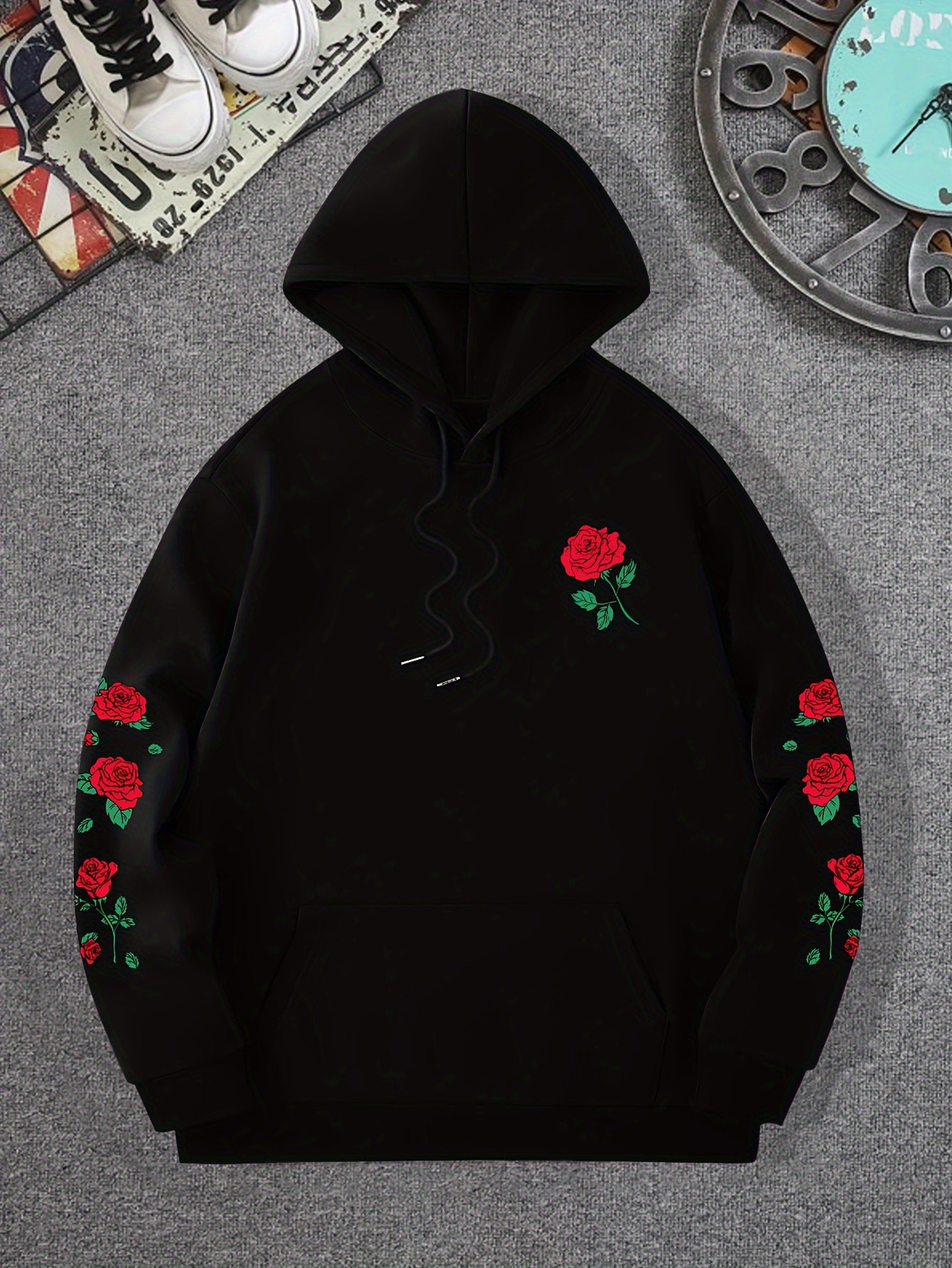 New printed red rose off shoulder sweatshirt casual street men's and women's sportswear pullover loose hoodie