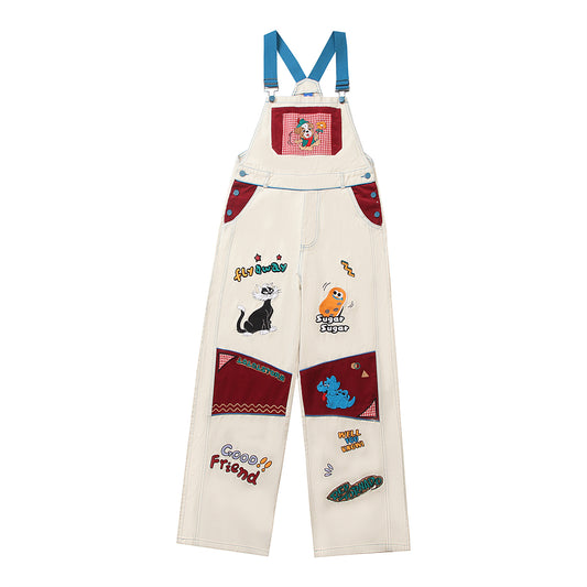 Retro Multi-Pocket Cute Cartoon Embroidery Design Suspender Pants Unisex Loose Casual Work Pants
