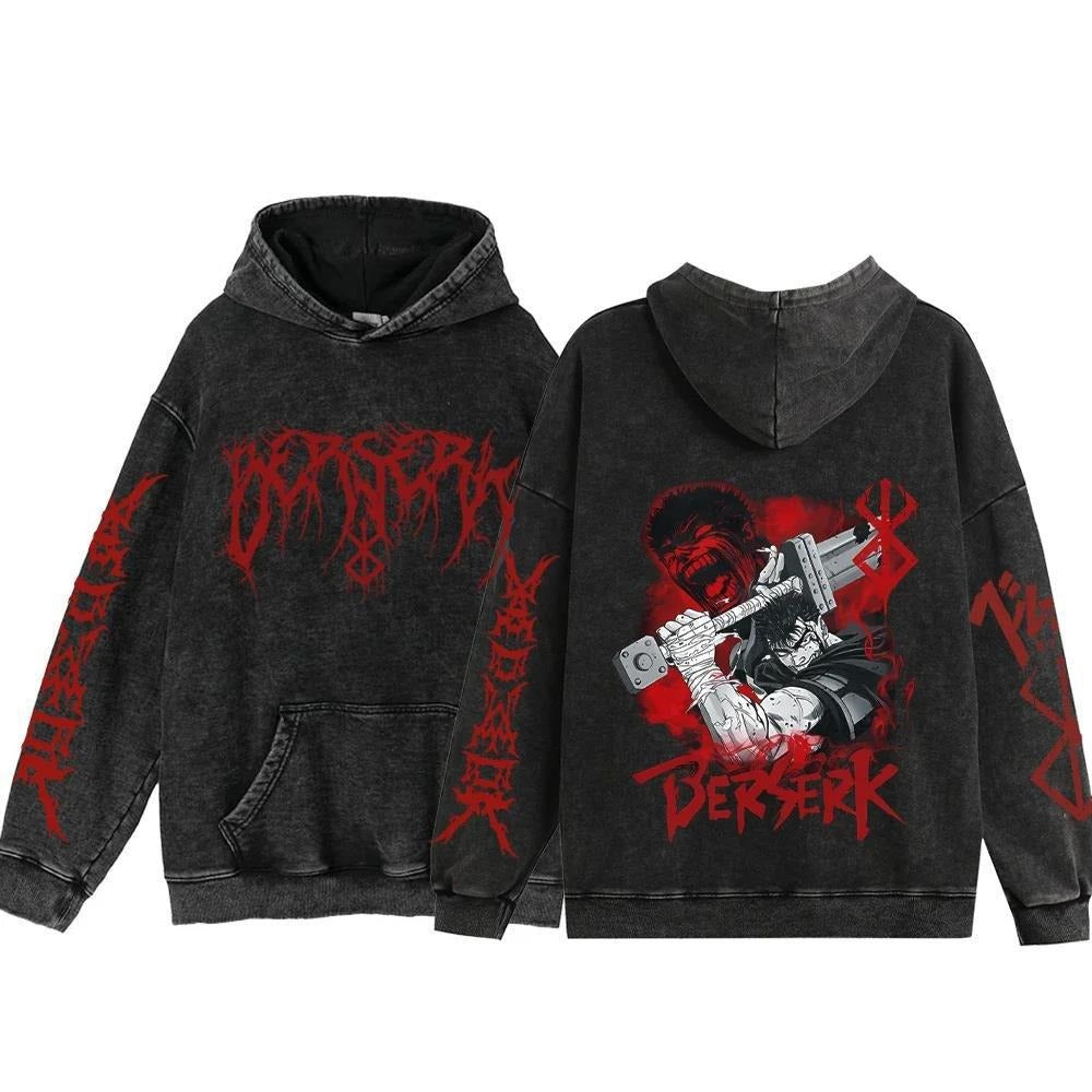 Streetwear Anime Hoodie Berserk Long Sleeve Hoodies Washed V