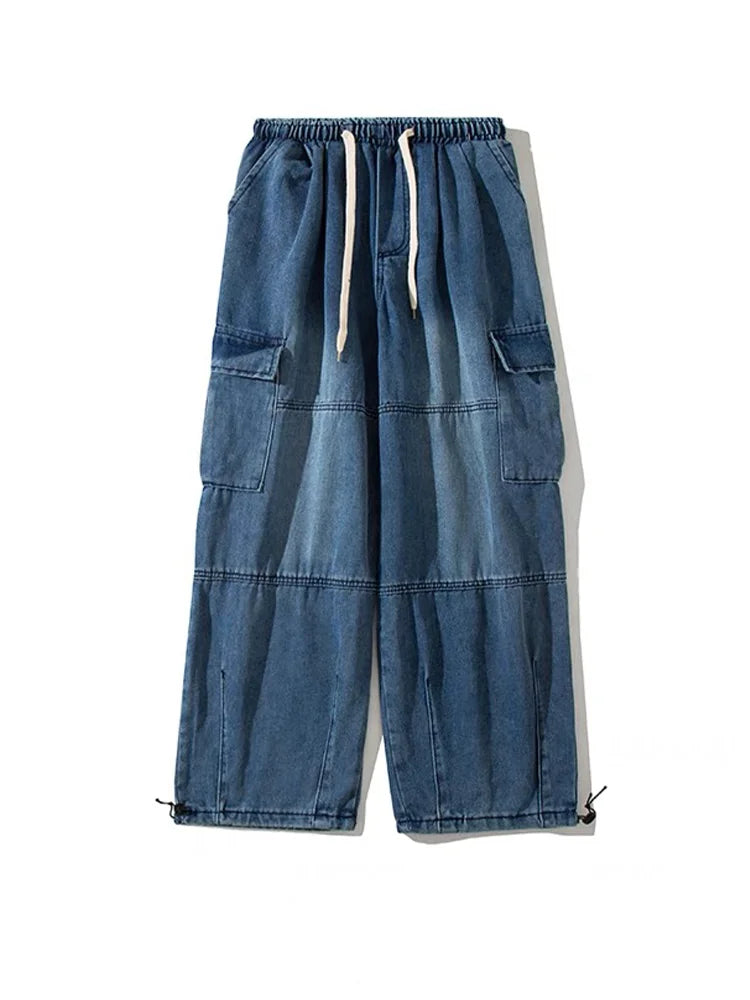 Vintage Blue Cargo Jeans Women Oversized  Denim Pants Hip Hop Streetwear Retro Wide Leg Trousers