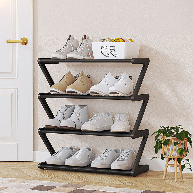 Z-shaped 4-layer shoe organizer: space-saving, wall/corner-mount, stackable, adjustable storage shelf.
