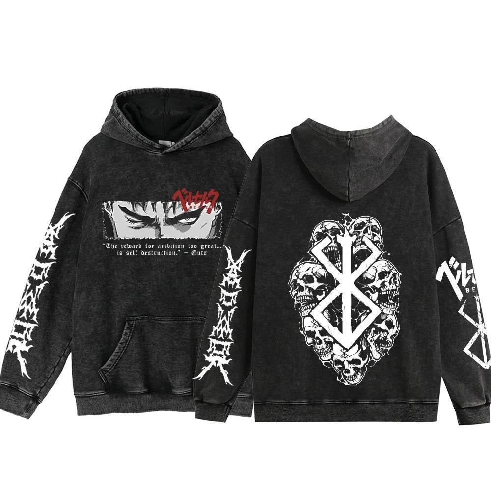 Streetwear Anime Hoodie Berserk Long Sleeve Hoodies Washed V