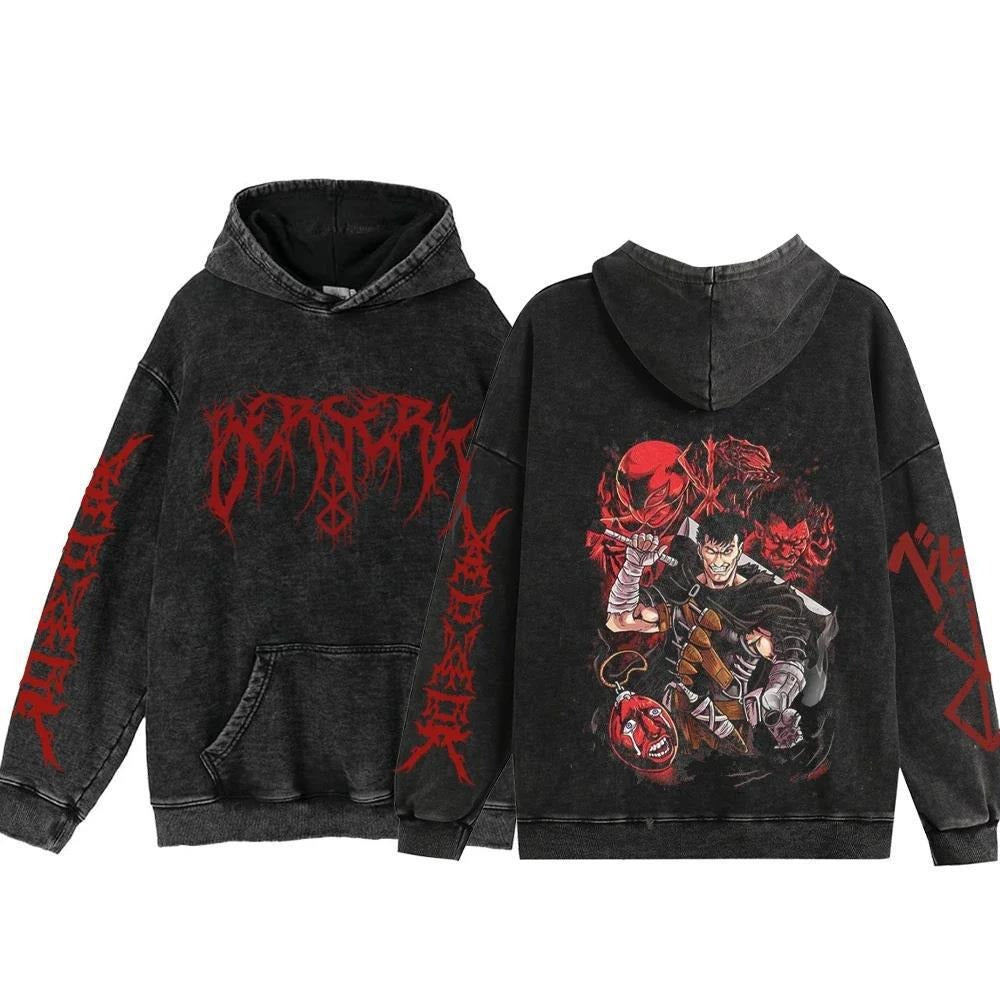 Streetwear Anime Hoodie Berserk Long Sleeve Hoodies Washed V