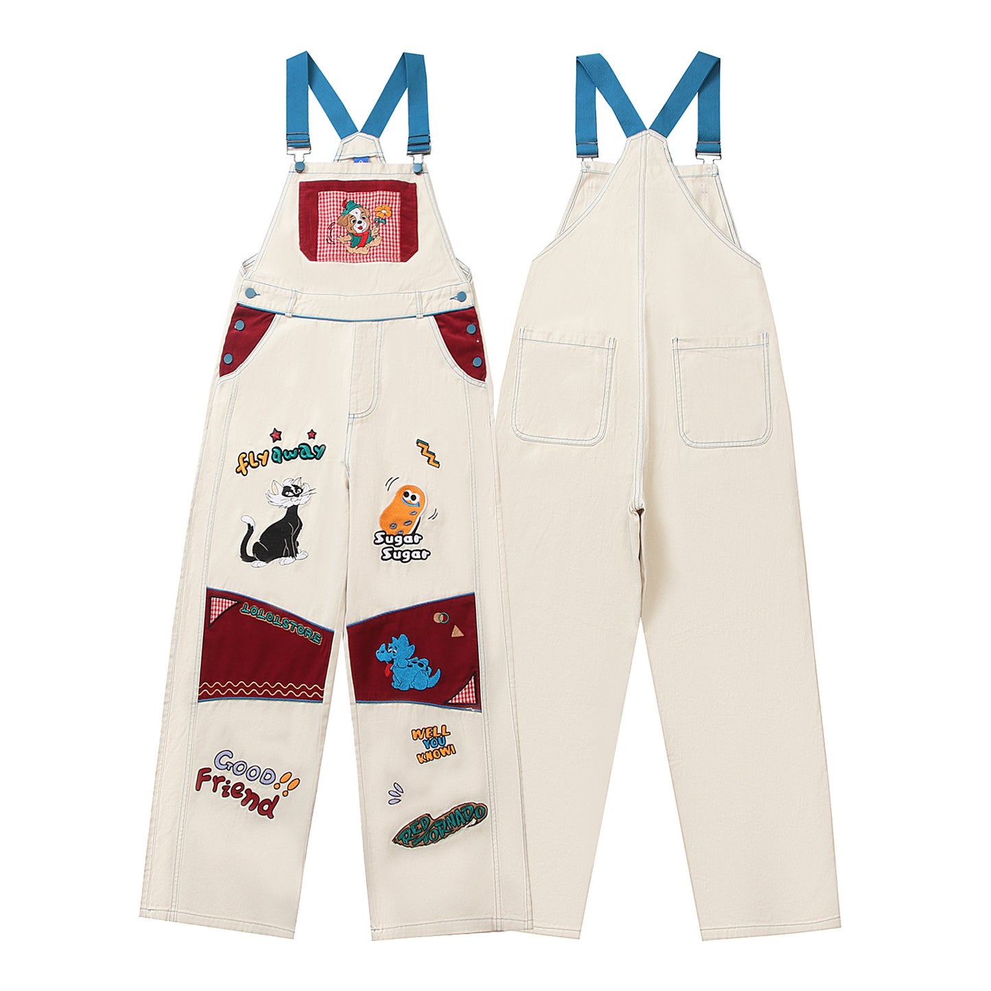 Retro Multi-Pocket Cute Cartoon Embroidery Design Suspender Pants Unisex Loose Casual Work Pants