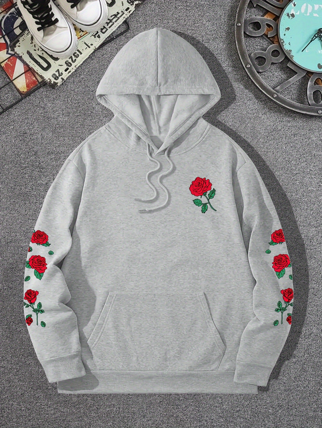 New printed red rose off shoulder sweatshirt casual street men's and women's sportswear pullover loose hoodie