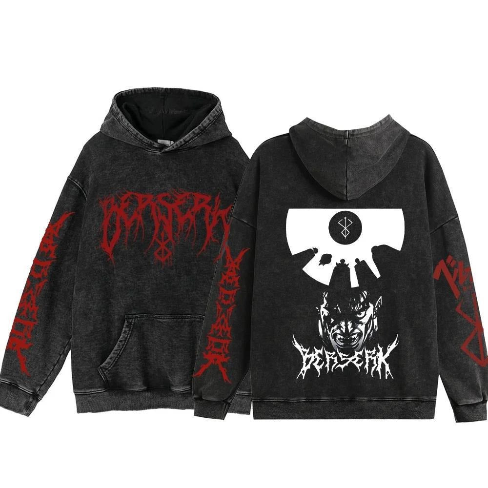 Streetwear Anime Hoodie Berserk Long Sleeve Hoodies Washed V